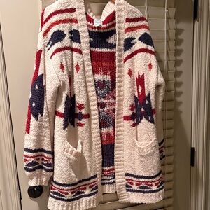 Blue Rain Patterned Cardigan - Red, Blue, Cream